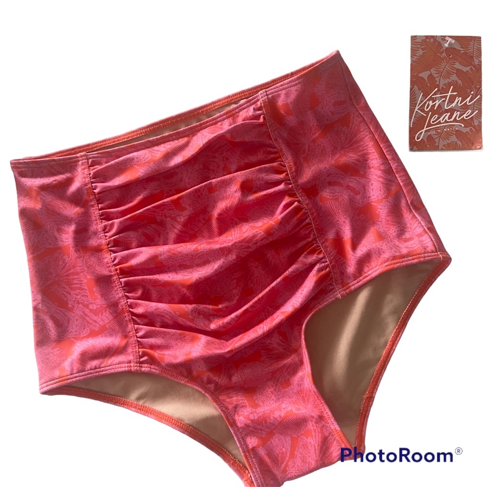 Kortni Jeane Pink Butterfly Ruched High Waist Swim Bottom XS NWT